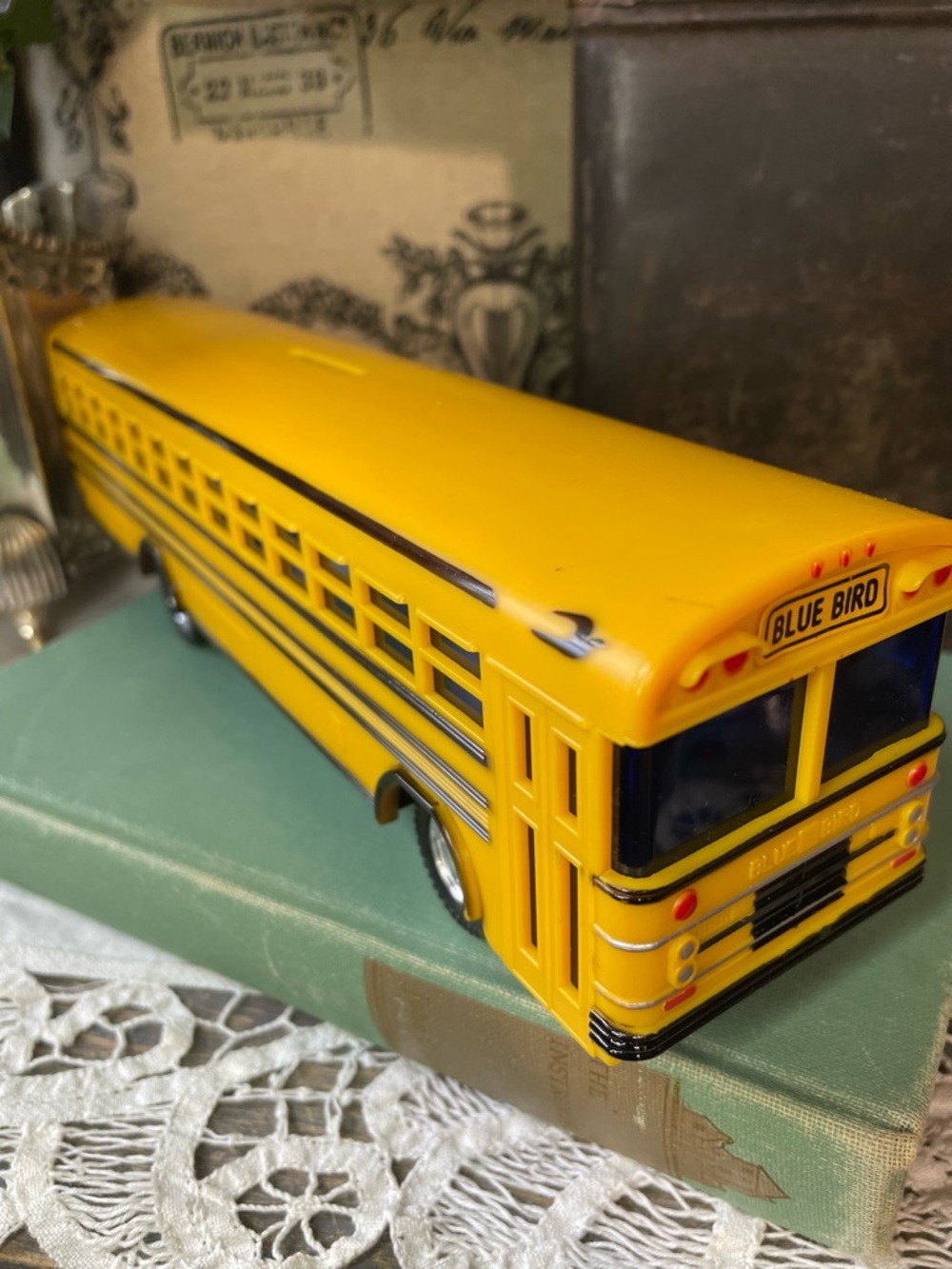Vintage Blue Bird School Bus Coin Bank